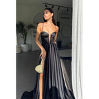 A-Line V-Neck Satin Split Sleeveless Lace-Up Formal Dress