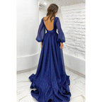 A-Line V-Neck Sequined Belt Long Sleeves Party Dress