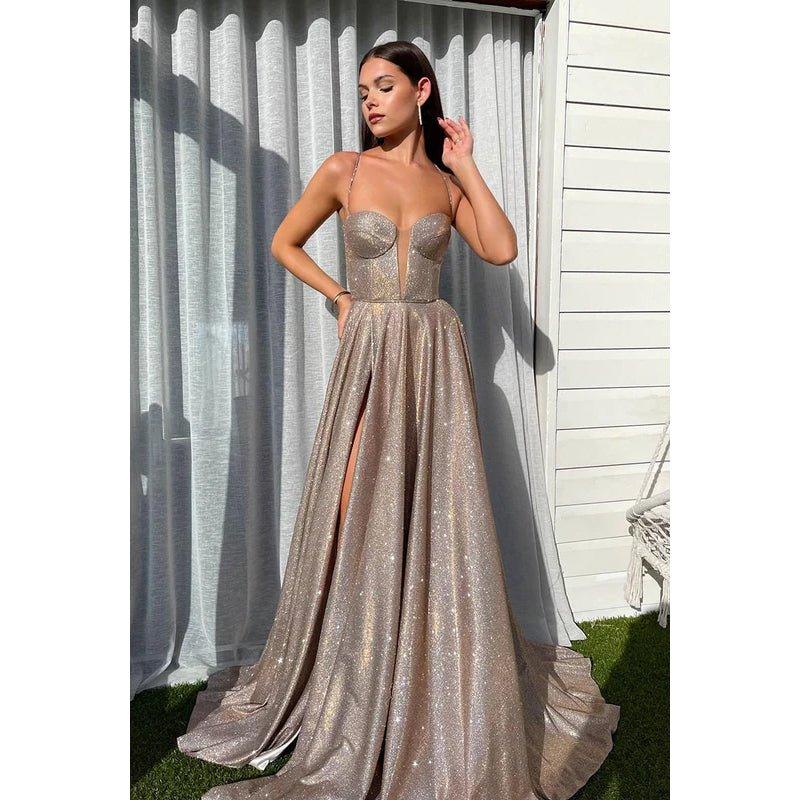 A-Line V-Neck Sequined Split Lace-Up Sleeveless Prom Dress