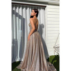 A-Line V-Neck Sequined Split Lace-Up Sleeveless Prom Dress