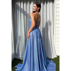 A-Line V-Neck Sequined Split Lace-Up Sleeveless Prom Dress