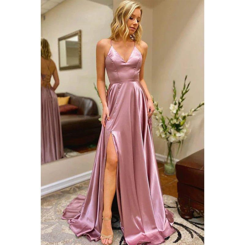 A-line V-neck Spaghetti Straps High Split Long Prom Dress with Pockets