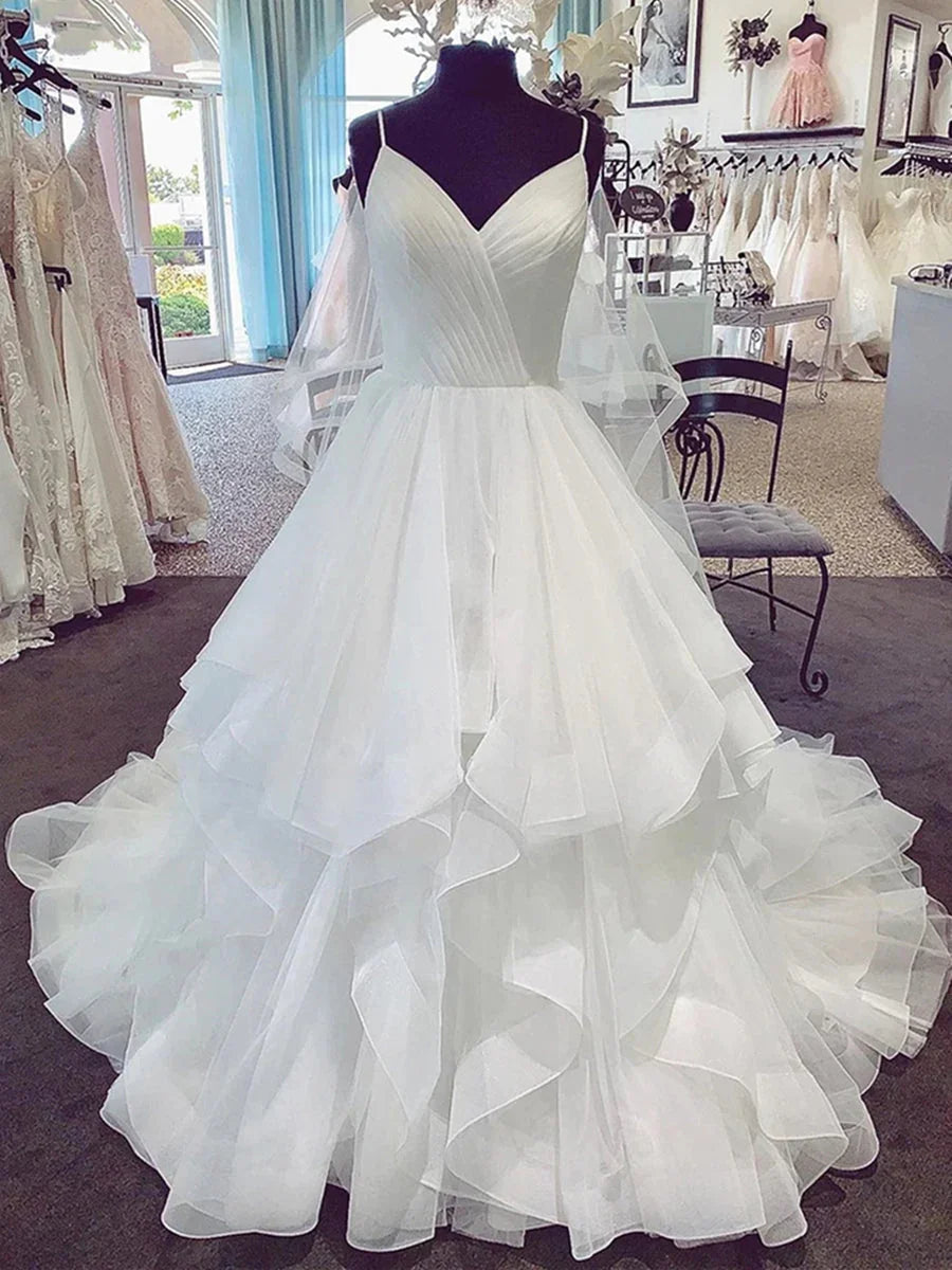 A-line V Neck Spaghetti Straps Puffy  Long Wedding Dresses