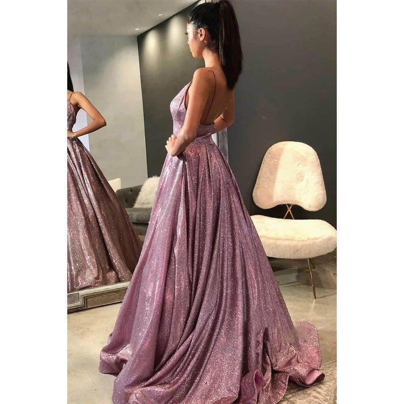 A-line V-neck Spaghetti Straps Sparkle Prom Dress with Pockets