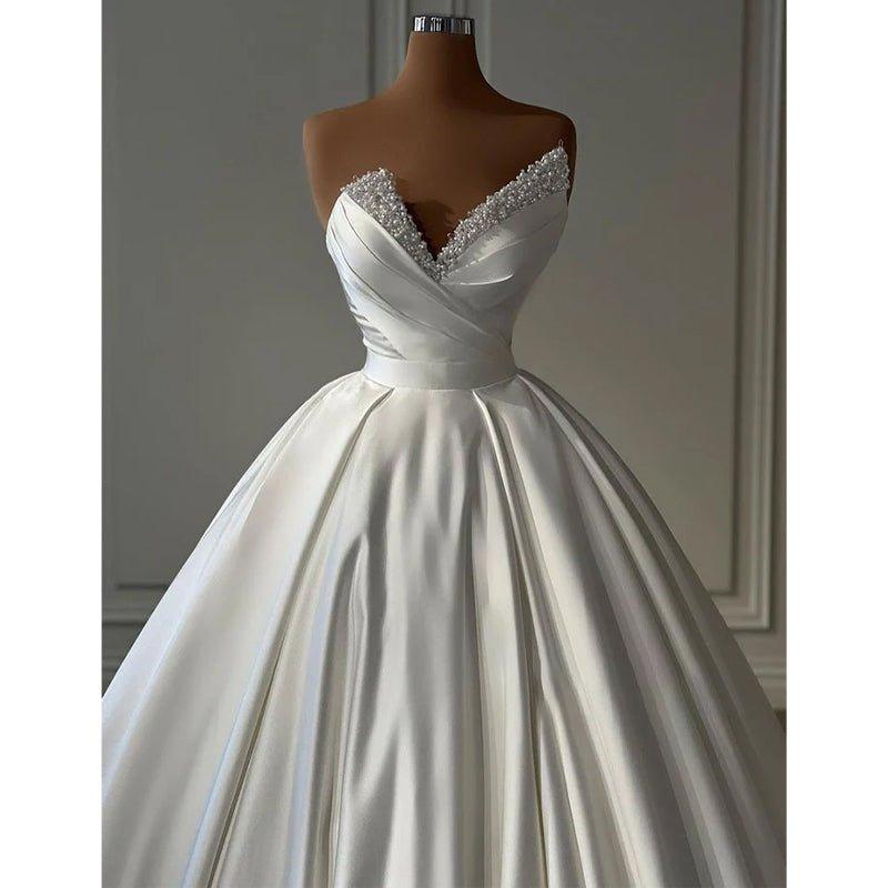 A-line V Neck Straples Satin Beaded Long Wedding Prom Formal Evening Dress