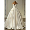 A-line V Neck Straples Satin Beaded Long Wedding Prom Formal Evening Dress