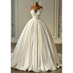 A-line V Neck Straples Satin Beaded Long Wedding Prom Formal Evening Dress