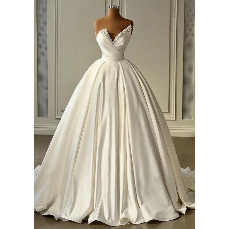 A-line V Neck Straples Satin Beaded Long Wedding Prom Formal Evening Dress
