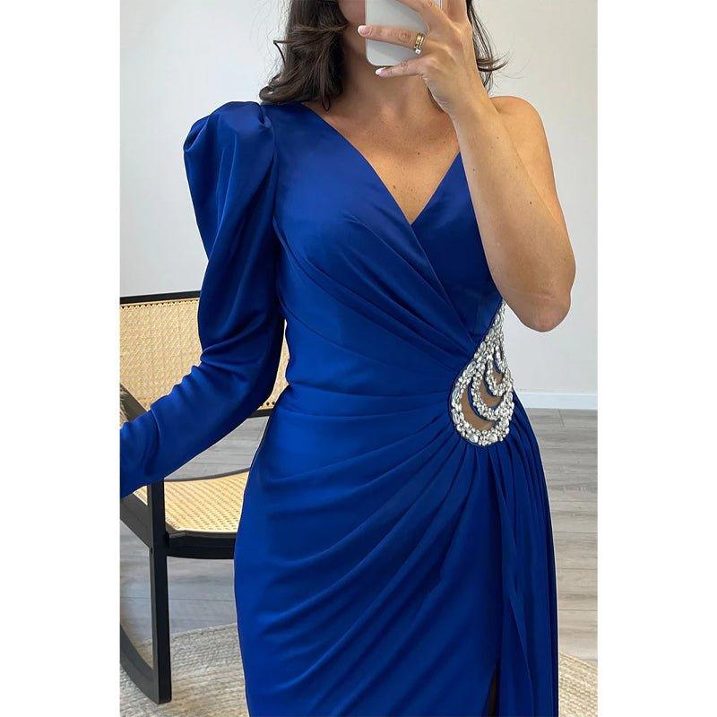 A-line V-neck Straps Beaded Long Sleeves Satin Long Prom Dress Evening Gown