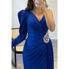 A-line V-neck Straps Beaded Long Sleeves Satin Long Prom Dress Evening Gown