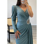 A-line V-neck Straps Beaded Long Sleeves Satin Long Prom Dress Evening Gown