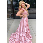 A-line V-neck Straps Pink Long Prom Dress with Split Evening Gowns
