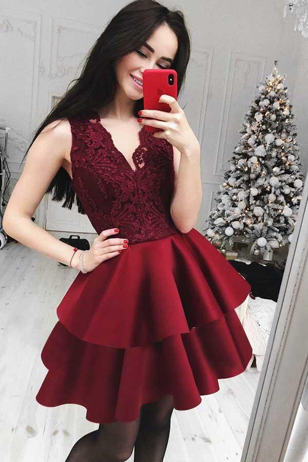 A-Line V-Neck Tiered Dark Homecoming/Party Dress with Lace