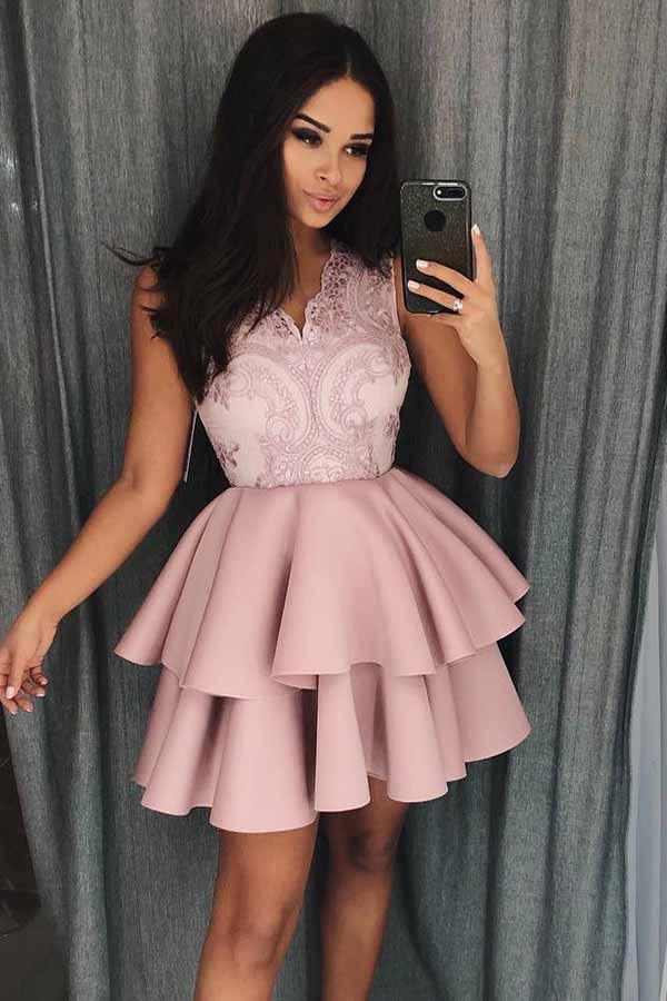 A-Line V-Neck Tiered Satin Homecoming Prom Dress with Appliques
