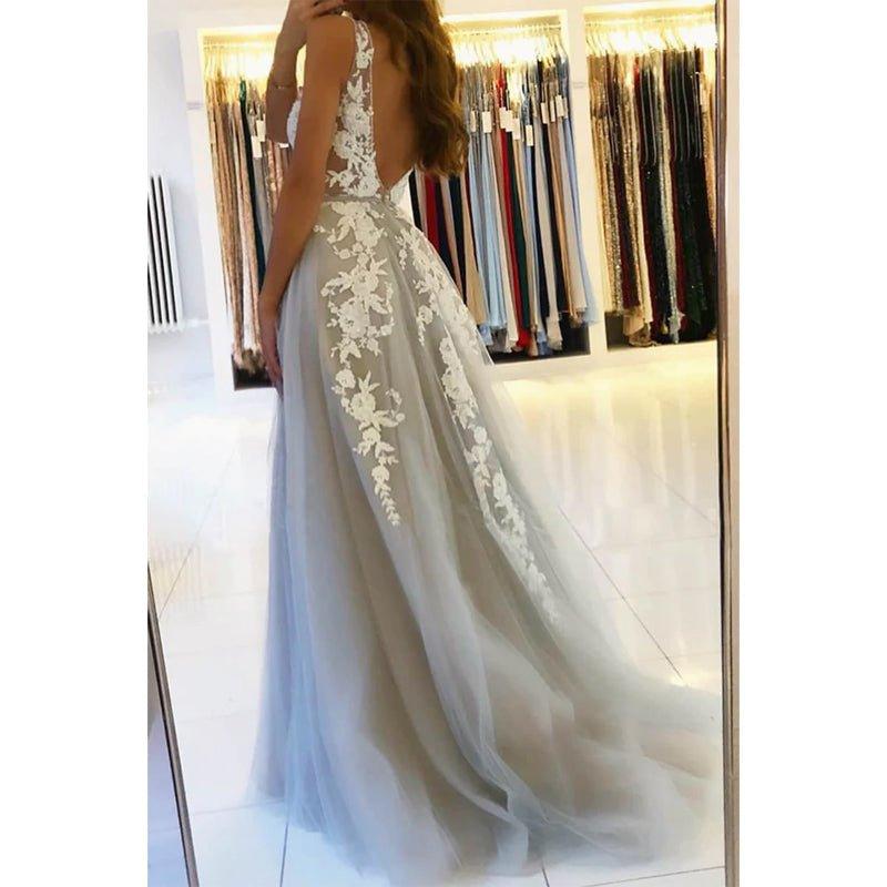 A-line V-neck Tulle Appliques Long Formal Evening Dress Prom Dress
