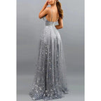 A-Line V-Neck Tulle Beaded Sleeveless Prom Evening Formal Dress