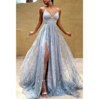 A-Line V-Neck Tulle Beaded Sleeveless Prom Evening Formal Dress