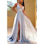 A-Line V-Neck Tulle Beaded Sleeveless Prom Evening Formal Dress