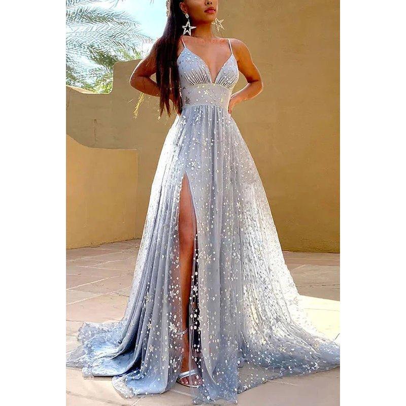 A-Line V-Neck Tulle Beaded Sleeveless Prom Evening Formal Dress