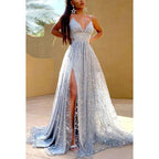 A-Line V-Neck Tulle Beaded Sleeveless Prom Evening Formal Dress