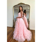 A Line V Neck Tulle Ruffles Pink Homecoming Dress Long Homecoming Court Dress