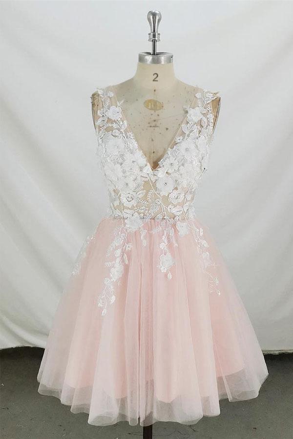 A-line V Neck Tulle Short Homecoming Dress Short Prom Dress