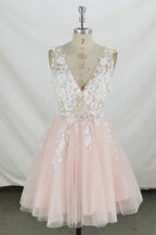 A-line V Neck Tulle Short Homecoming Dress Short Prom Dress