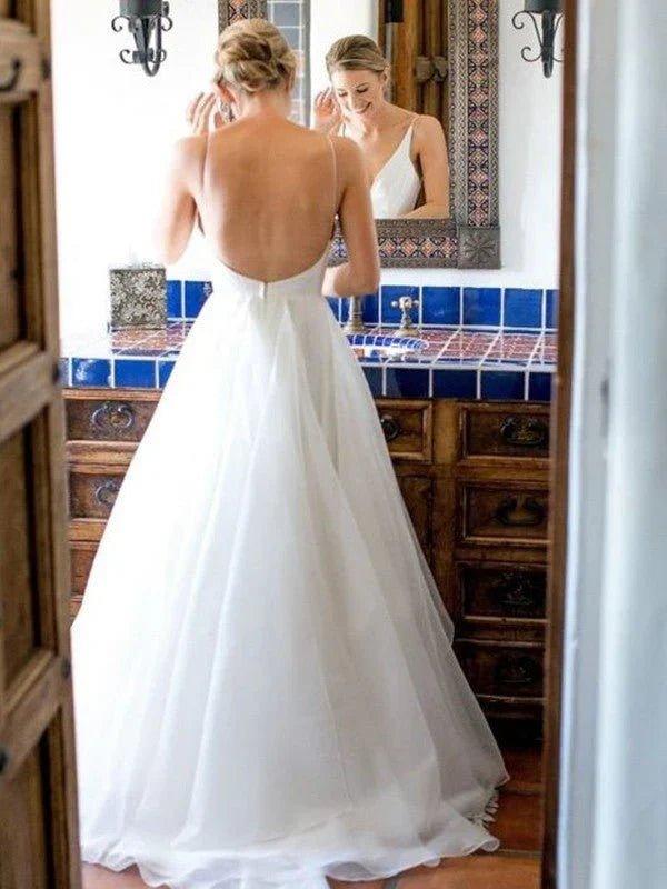 A Line V Neck Tulle With Ruffles Sweep Train Wedding Dresses