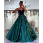 A-line Velvet Strapless Green Satin Long Prom Dress Evening Gowns
