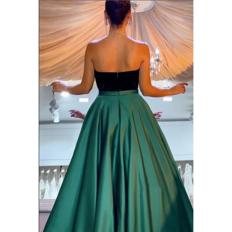 A-line Velvet Strapless Green Satin Long Prom Dress Evening Gowns
