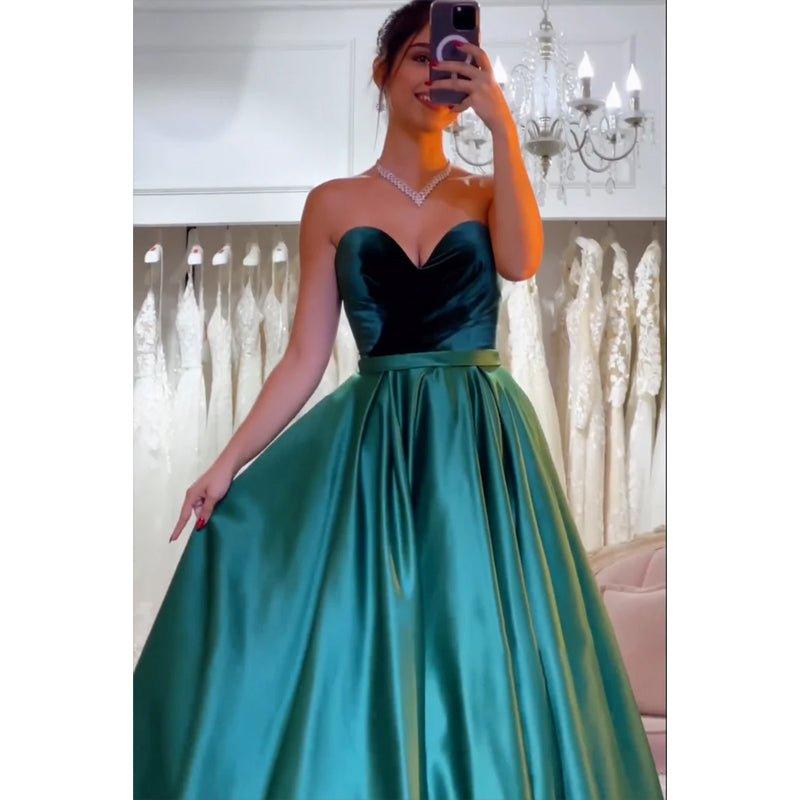 A-line Velvet Strapless Green Satin Long Prom Dress Evening Gowns