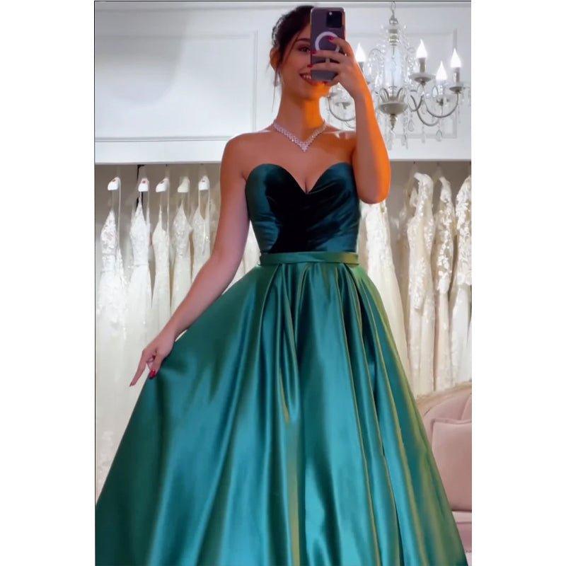 A-line Velvet Strapless Green Satin Long Prom Dress Evening Gowns