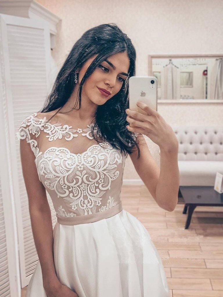 A Line Vintage Lace Bodice Bateau Corset Back Satin Wedding Dress