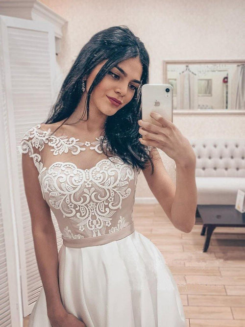 A Line Vintage Lace Bodice Bateau Corset Back Satin Wedding Dress