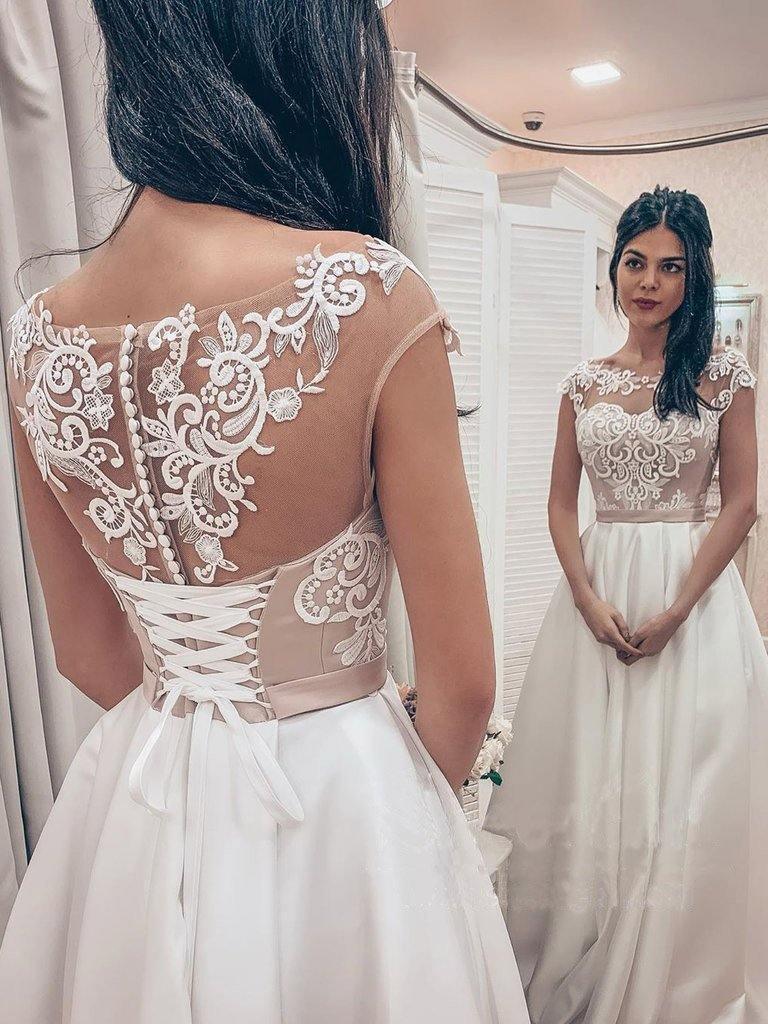 A Line Vintage Lace Bodice Bateau Corset Back Satin Wedding Dress
