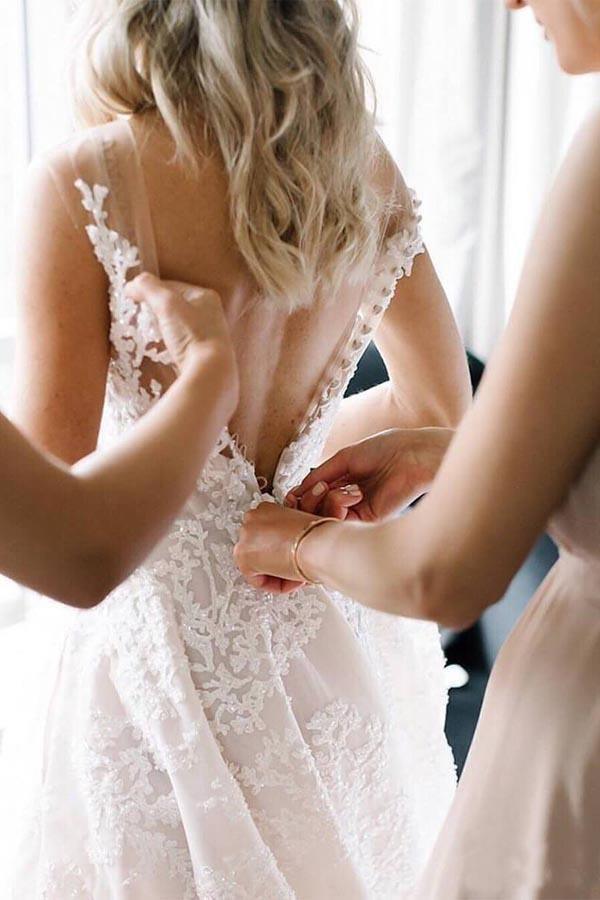 A-line Vintage Lace Wedding Gowns  Illusion Neck Wedding Dresses