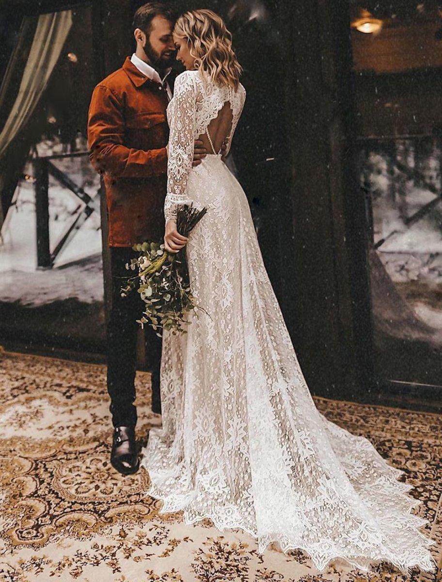 A-Line Wedding Dresses Ankle Length Vintage Little White Dresses Long Sleeve V Neck Chiffon With Solid Color Bridal Gowns