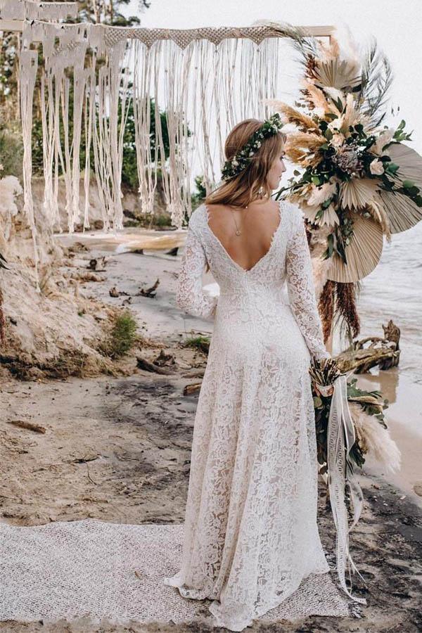 A-Line Lace Floor-Length Wedding Dress With Long Sleeves