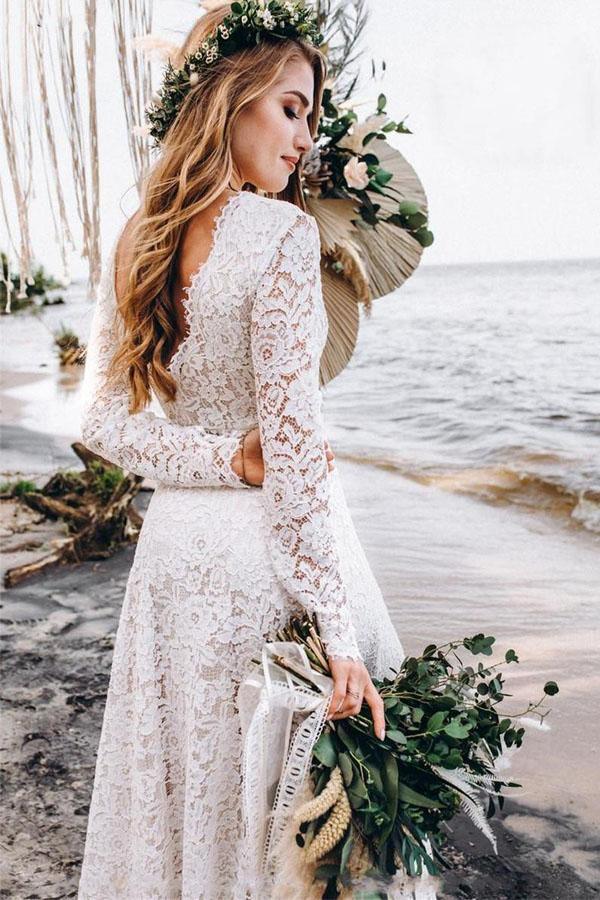 A-Line Lace Floor-Length Wedding Dress With Long Sleeves