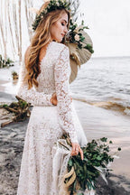 A-Line Lace Floor-Length Wedding Dress With Long Sleeves