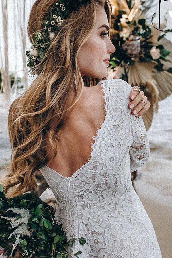 A-Line Lace Floor-Length Wedding Dress With Long Sleeves