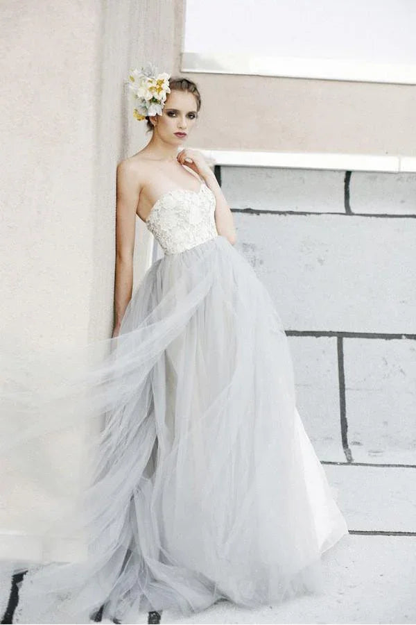 A-line  Lace  Tulle Strapless Sweetheart Neck Wedding Dress