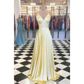 A-line Yellow Stretch Satin V-neck Simple Long Prom Dress Pageant Dress