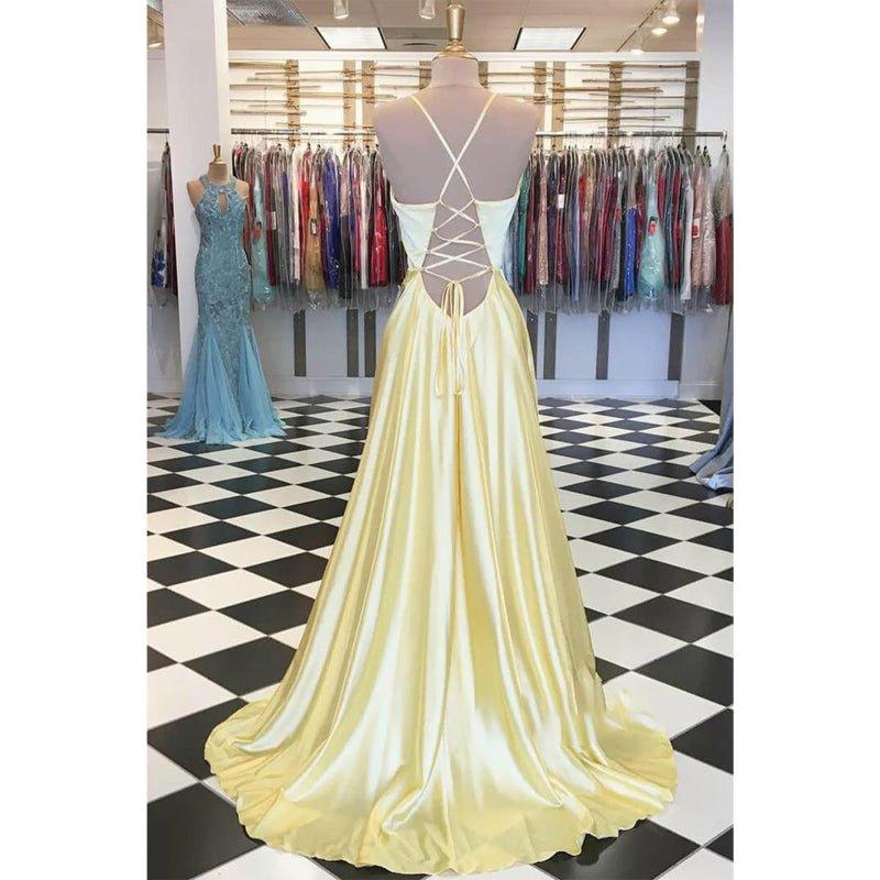 A-line Yellow Stretch Satin V-neck Simple Long Prom Dress Pageant Dress