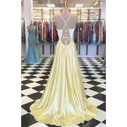 A-line Yellow Stretch Satin V-neck Simple Long Prom Dress Pageant Dress