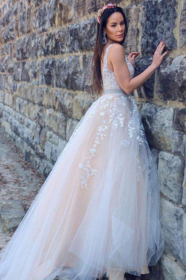 A-Line/Princess Applique Tulle Sleeveless V-neck Sweep Train Dresses