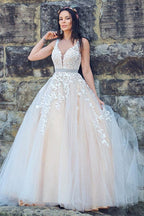 A-Line/Princess Applique Tulle Sleeveless V-neck Sweep Train Dresses