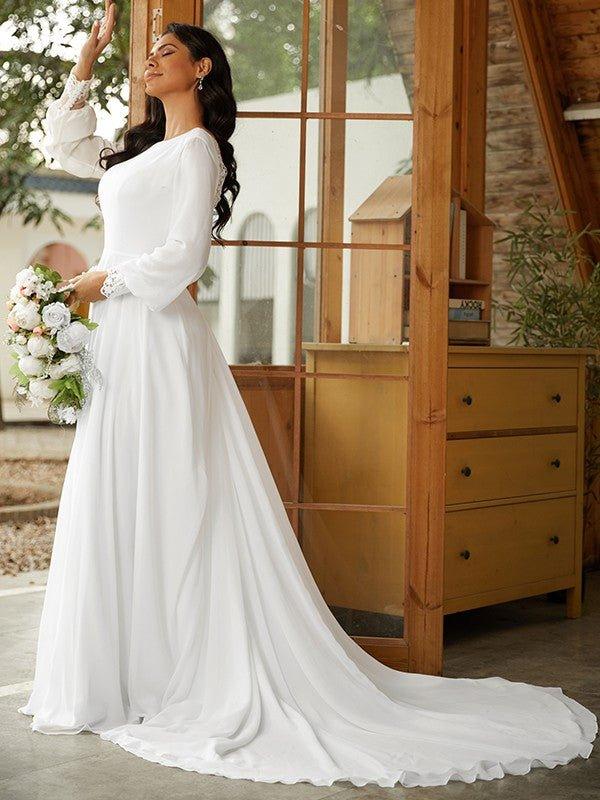 A-Line/Princess Chiffon Lace Scoop Long Sleeves Court Train Wedding Dresses