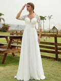 A-Line/Princess Chiffon Lace V-neck 1/2 Sleeves Floor-Length Wedding Dresses