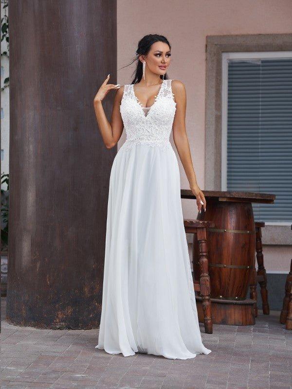 A-Line/Princess Chiffon Lace V-neck Sleeveless Floor-Length Wedding Dresses